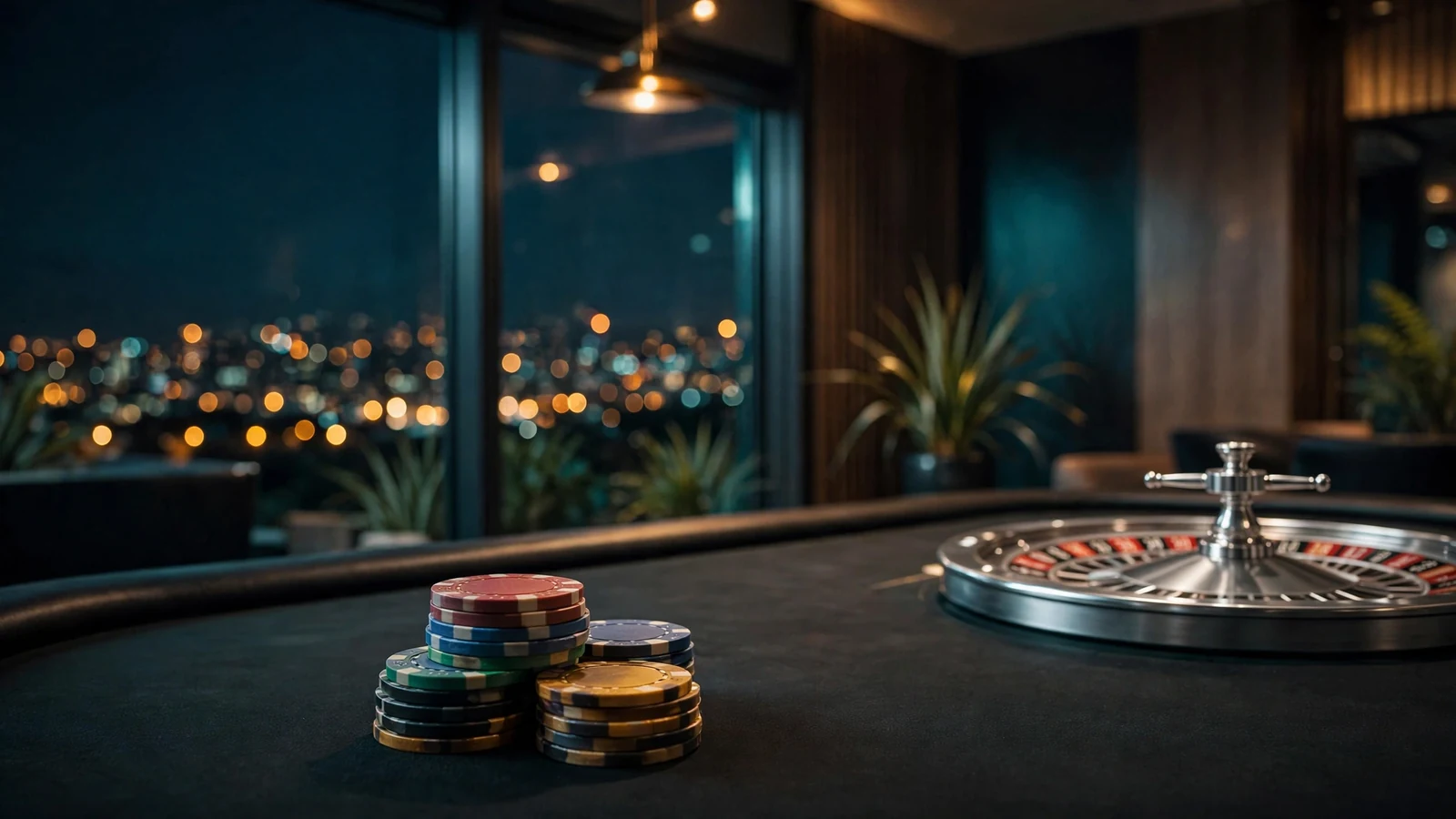 Casino table with stacked poker chips and roulette wheel in New Zealand