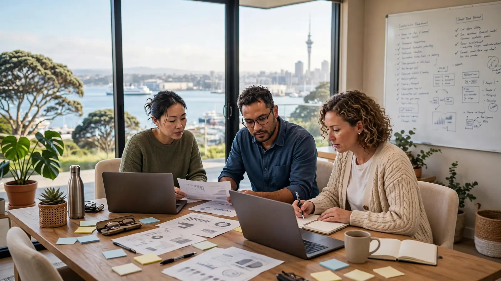 Editorial team analyzing casino operator reports in a New Zealand office with harbor view