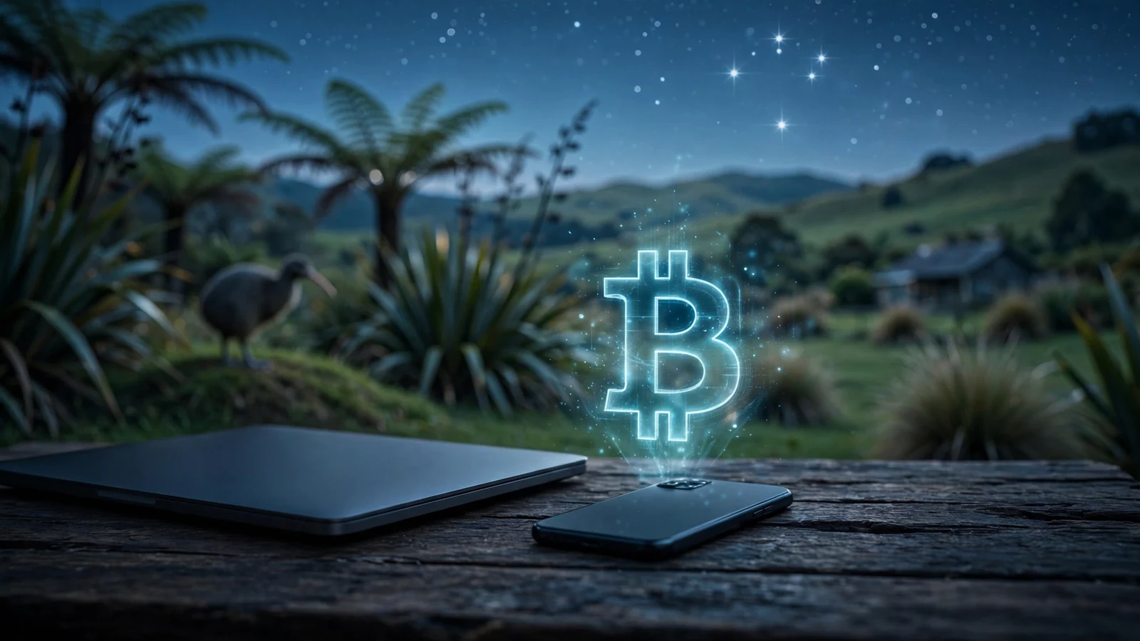 Crypto wallet devices with Bitcoin hologram in New Zealand landscape at dusk
