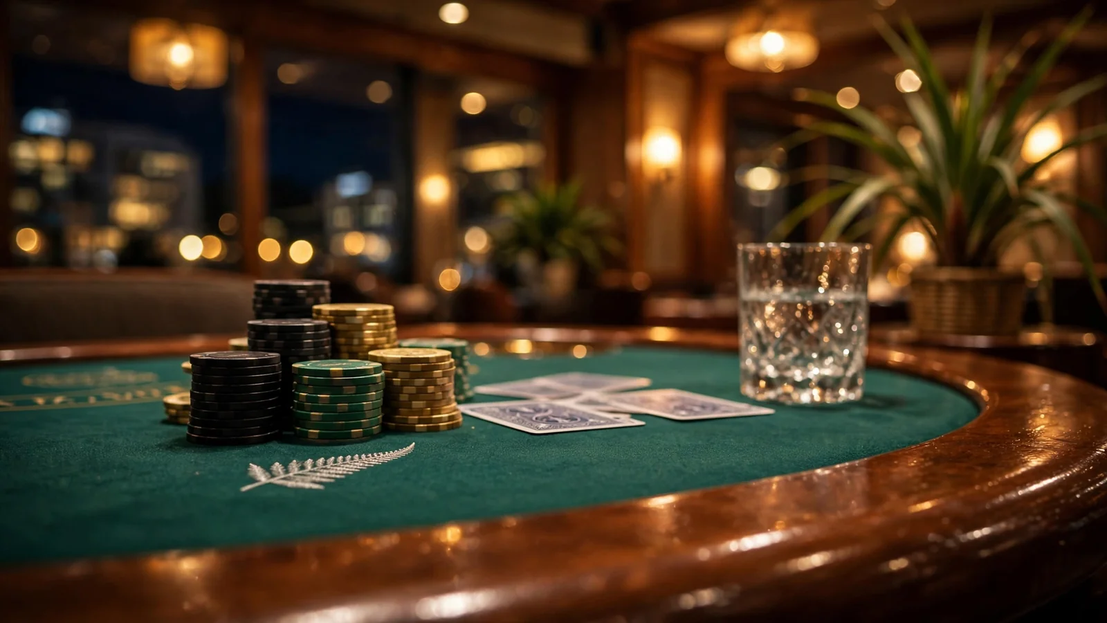 Casino chips and cards on a baccarat table in a New Zealand venue