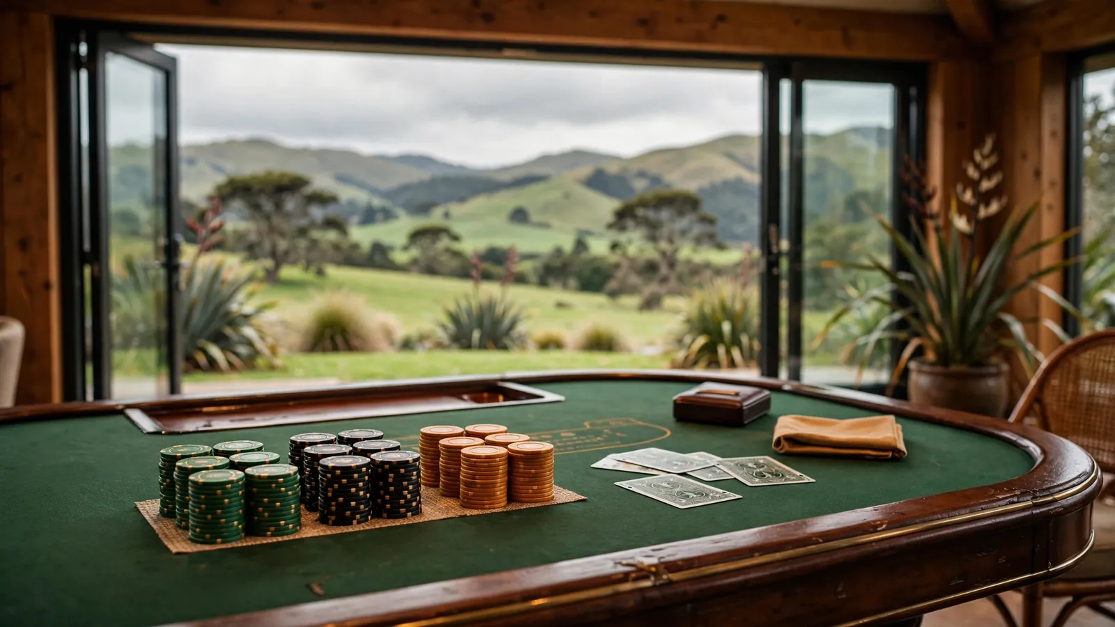 Baccarat chips and cards on a casino table with New Zealand hills visible beyond