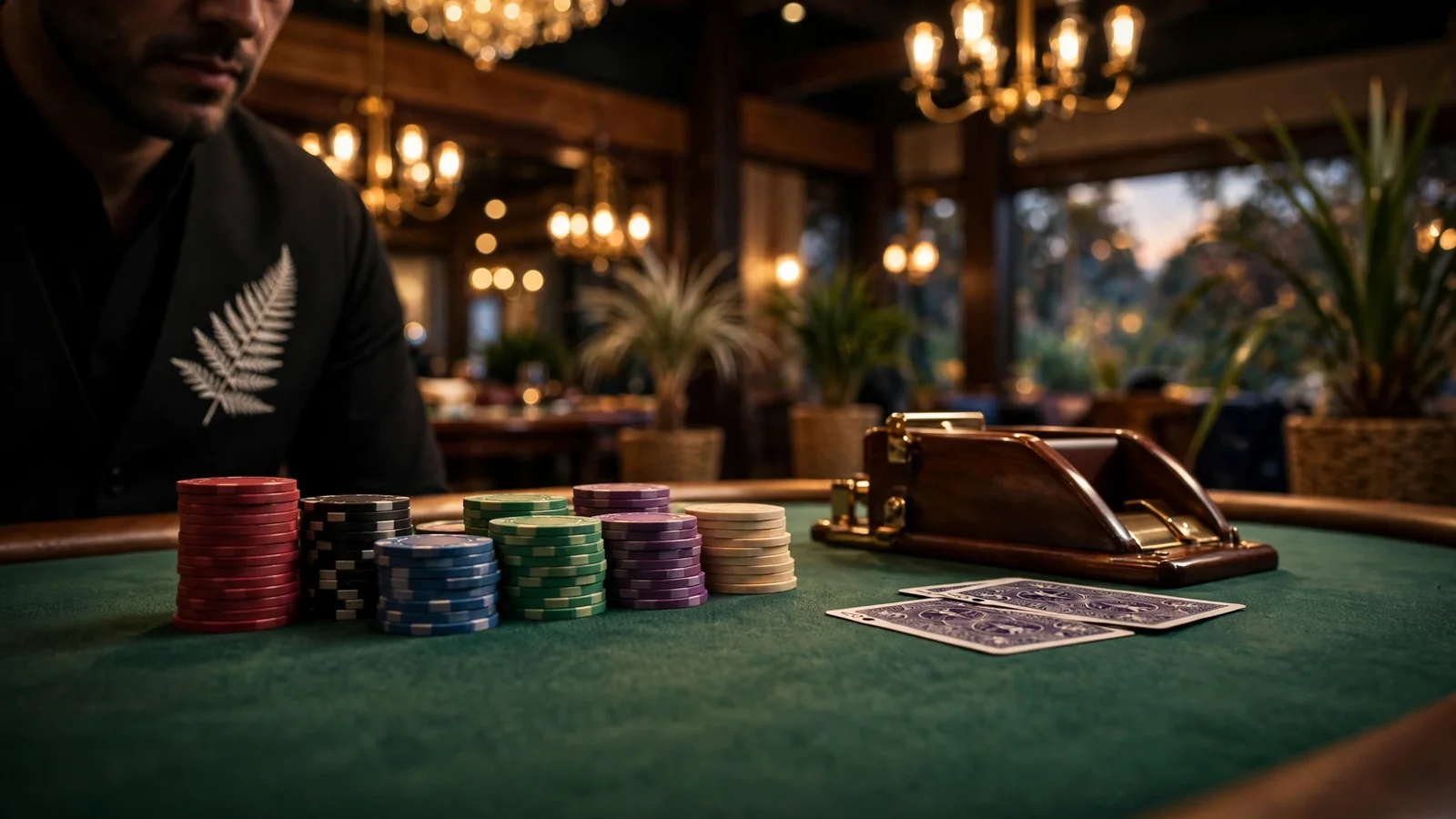 Elegant baccarat casino table with chips and cards