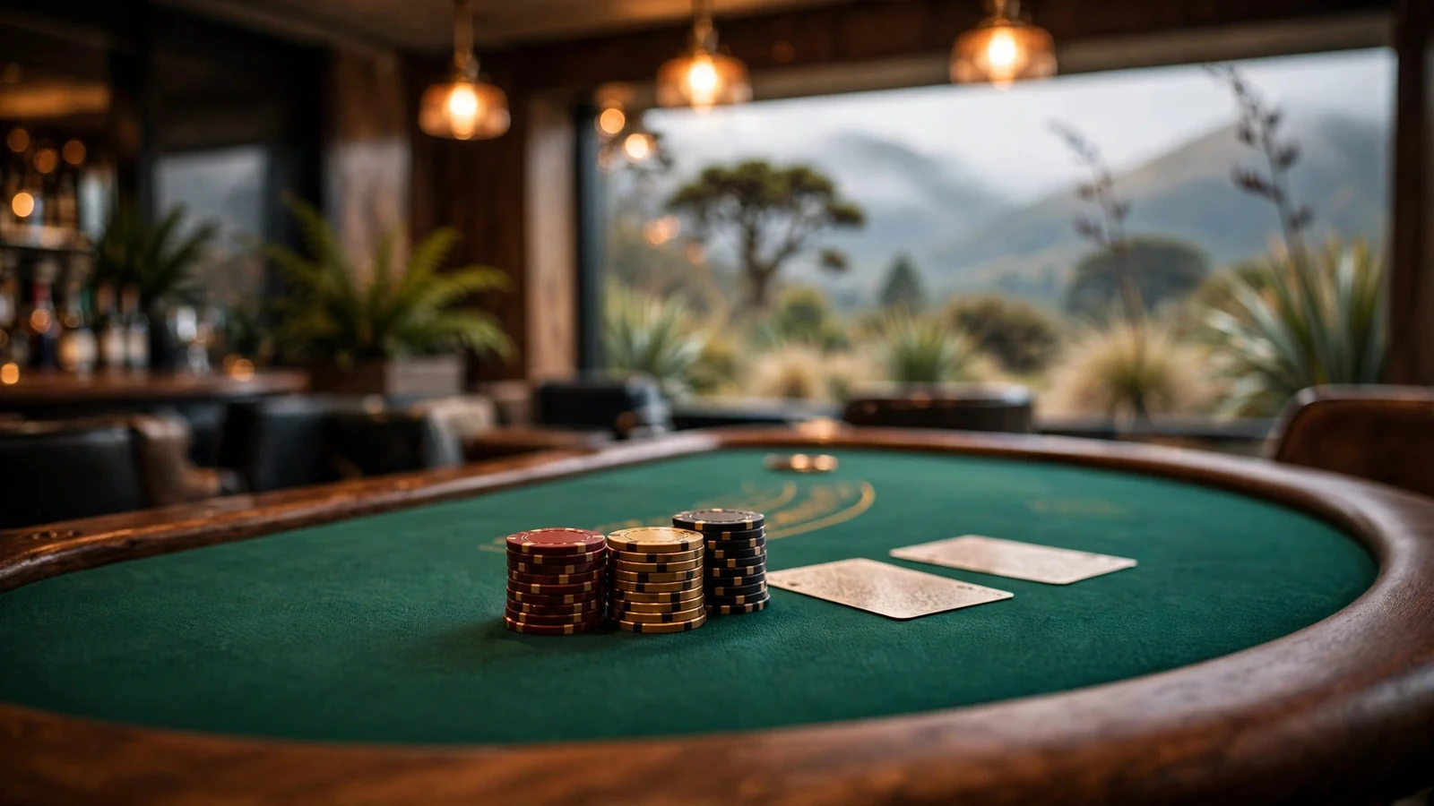 Elegant blackjack table with chips and cards in a New Zealand casino