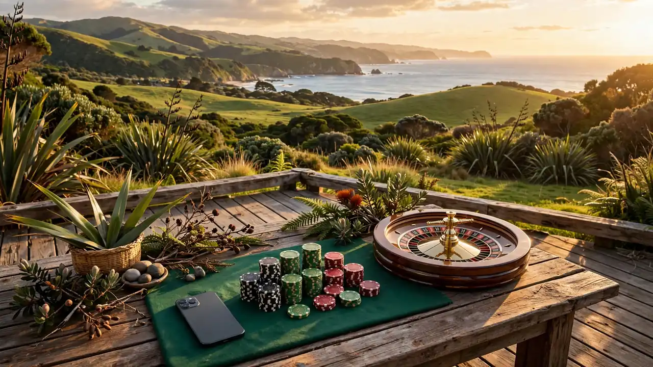 Casino chips and roulette wheel on a New Zealand coastal deck at golden hour.