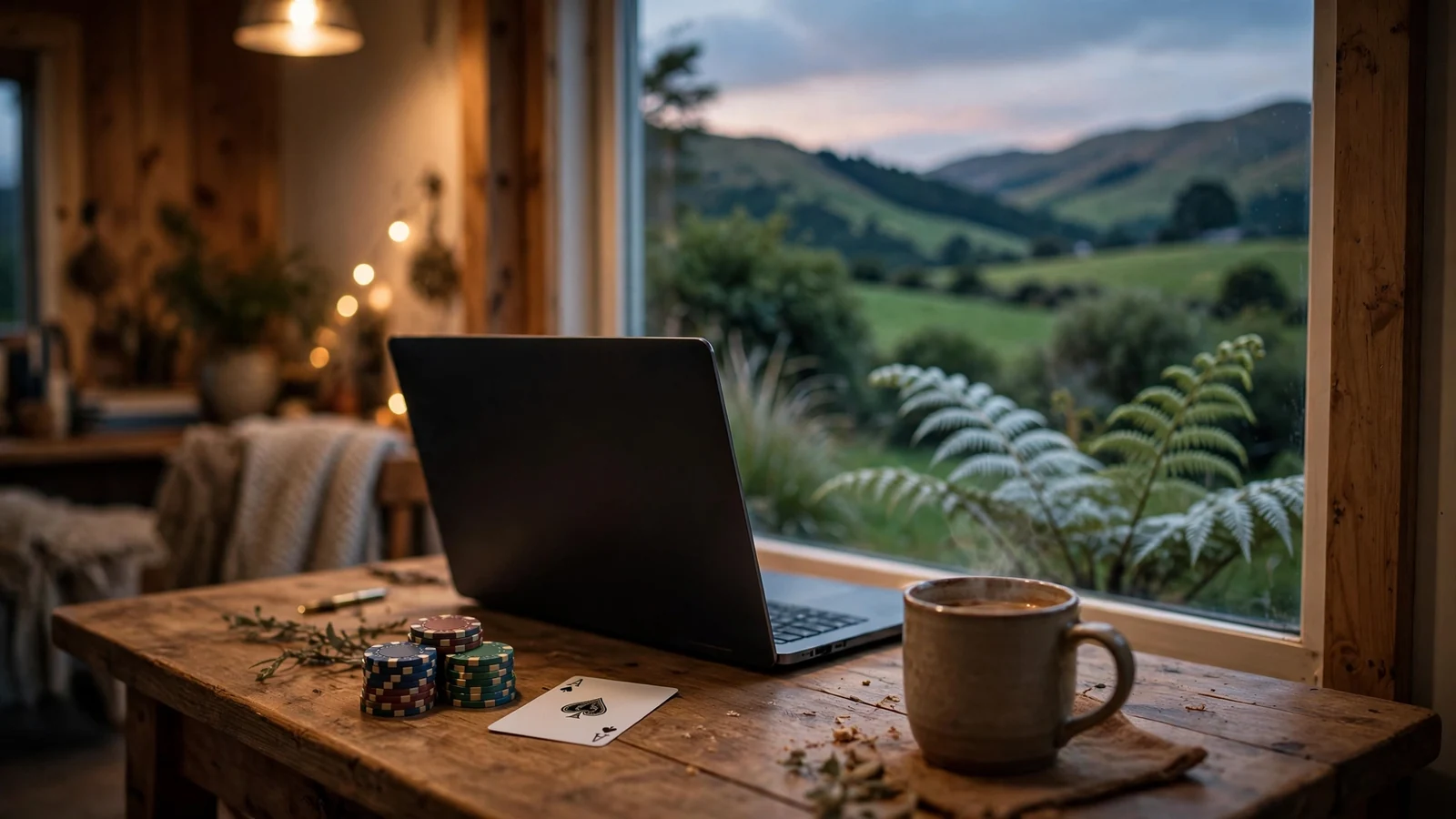 New Zealand home office desk with laptop, casino chips, and twilight mountain view