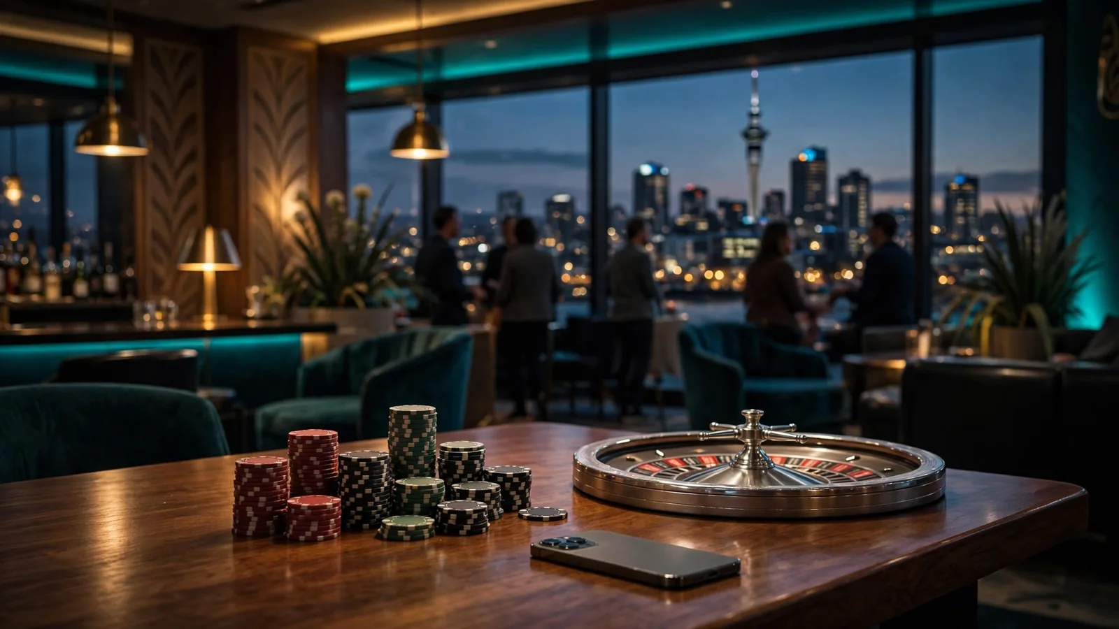 Stylized New Zealand casino lounge with chips, roulette wheel and a face-down smartphone on a table.