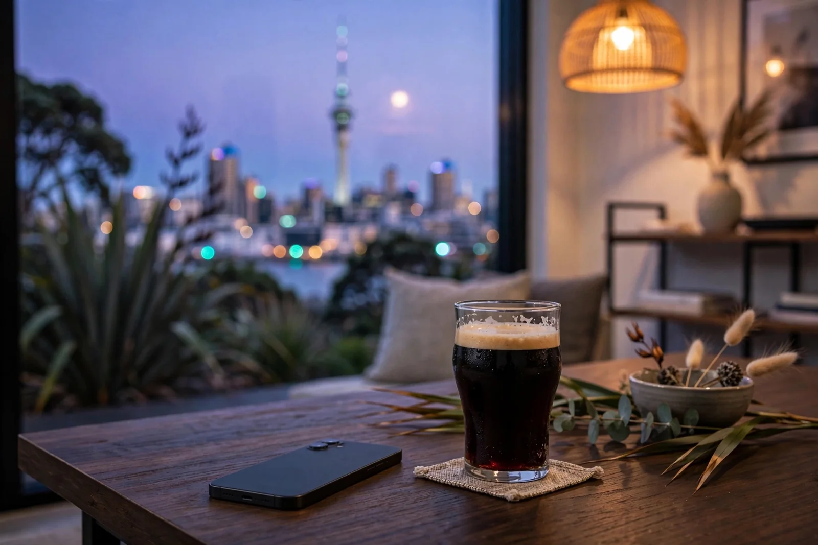 Smartphone on a wooden table in a modern New Zealand apartment at dusk, with a glass of beer and the Sky Tower visible through the window.