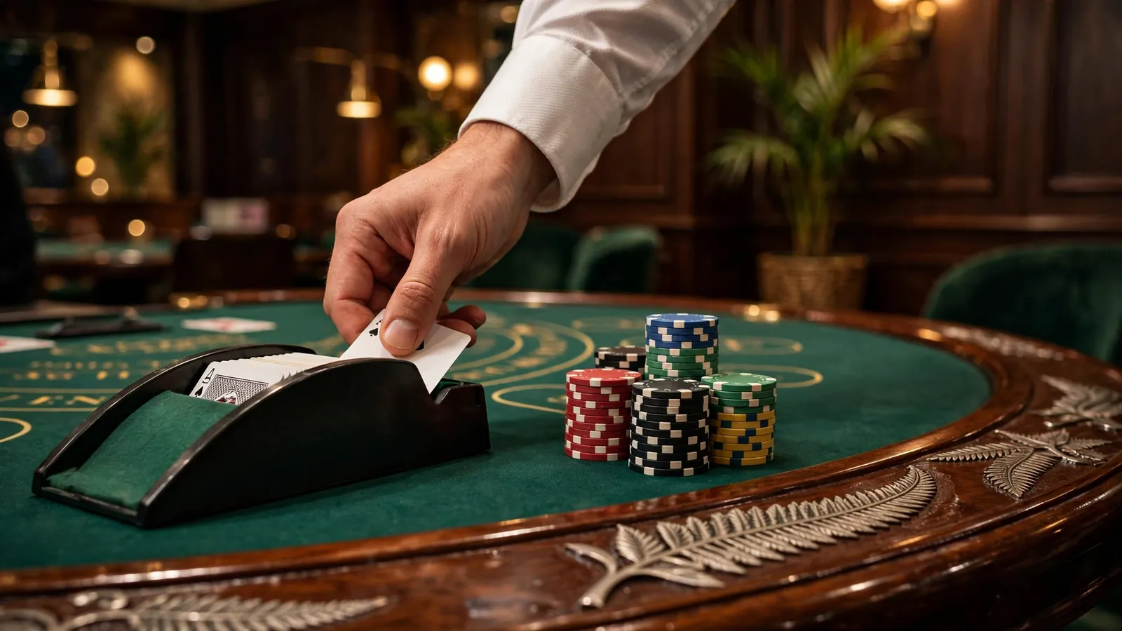 Blackjack table with chips and cards in a New Zealand casino