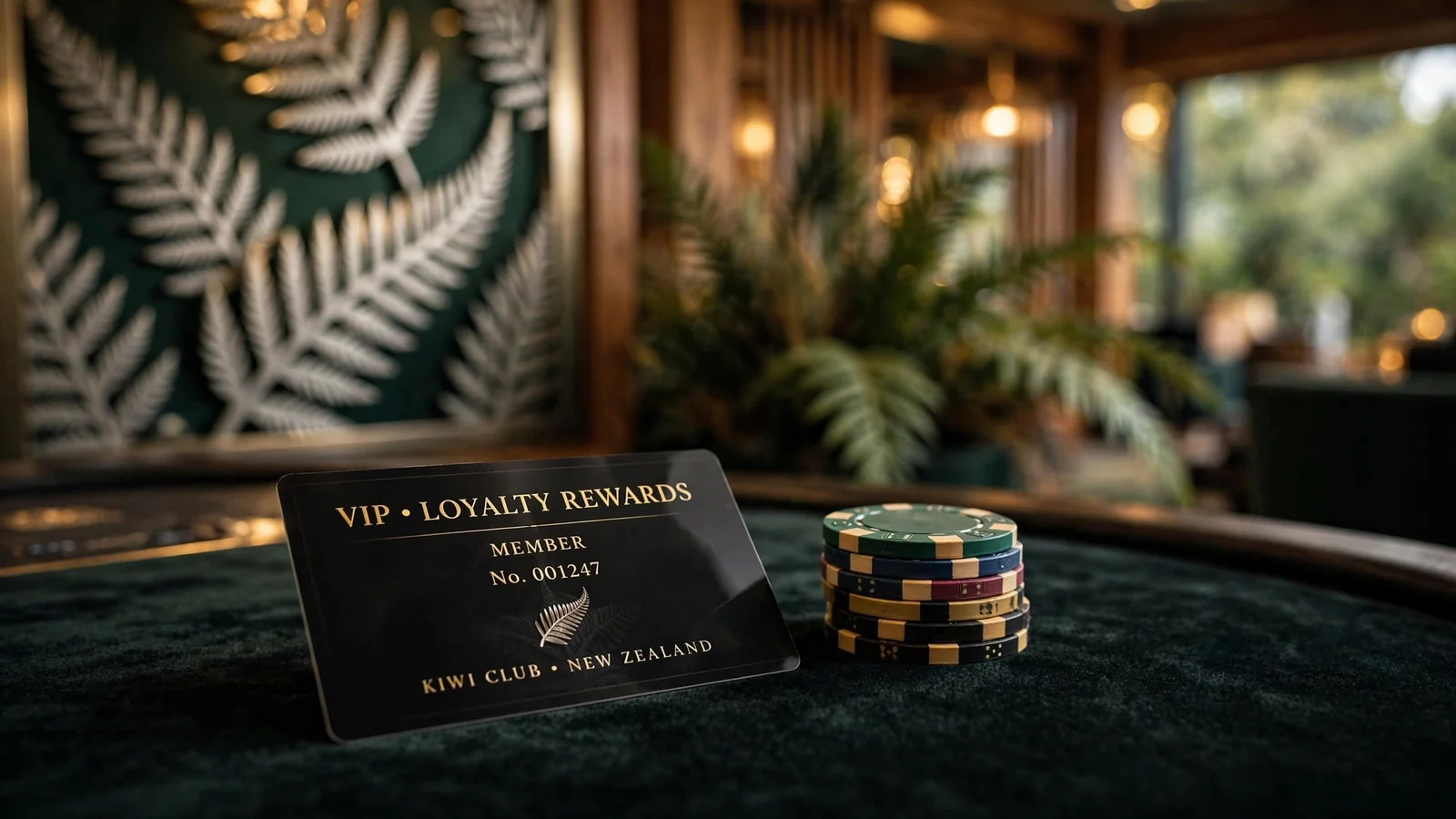 Casino loyalty card and chips on velvet table with New Zealand fern motif
