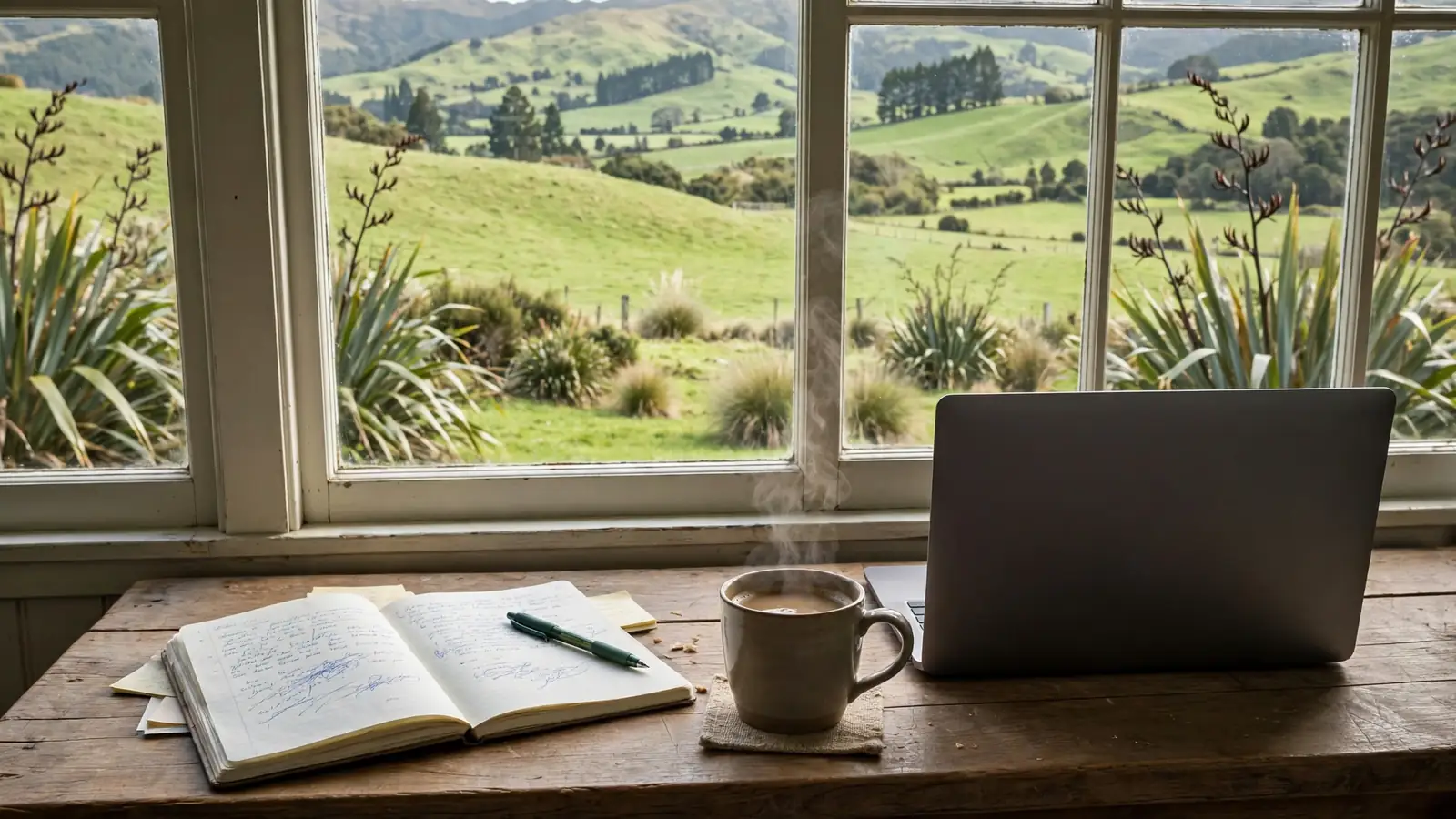 Writing desk by a window with New Zealand hills view, notebook and coffee