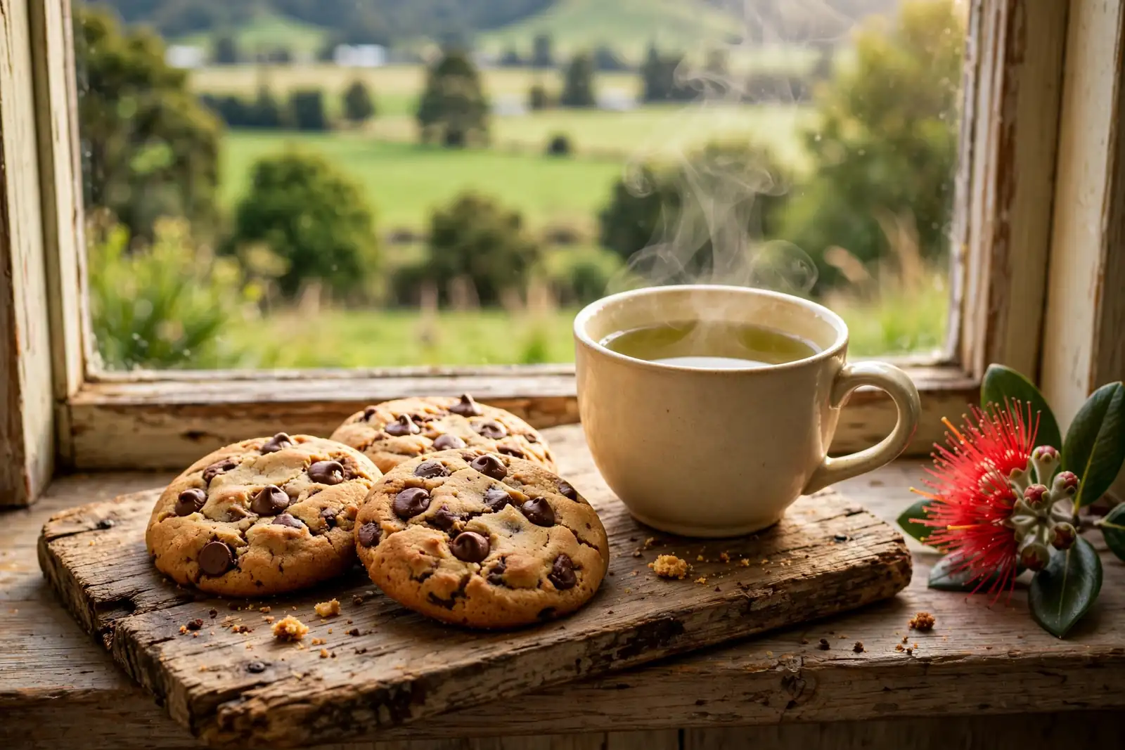 Freshly baked chocolate chip cookies on a wooden board with tea near a window overlooking green New Zealand countryside