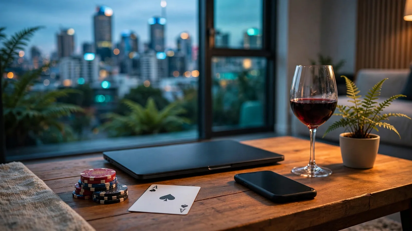Casino chips and a card on a coffee table in a New Zealand apartment at twilight
