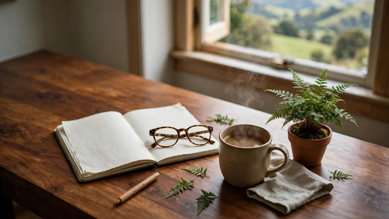 Notebook, glasses, coffee, and fern on a wooden desk in New Zealand home office.