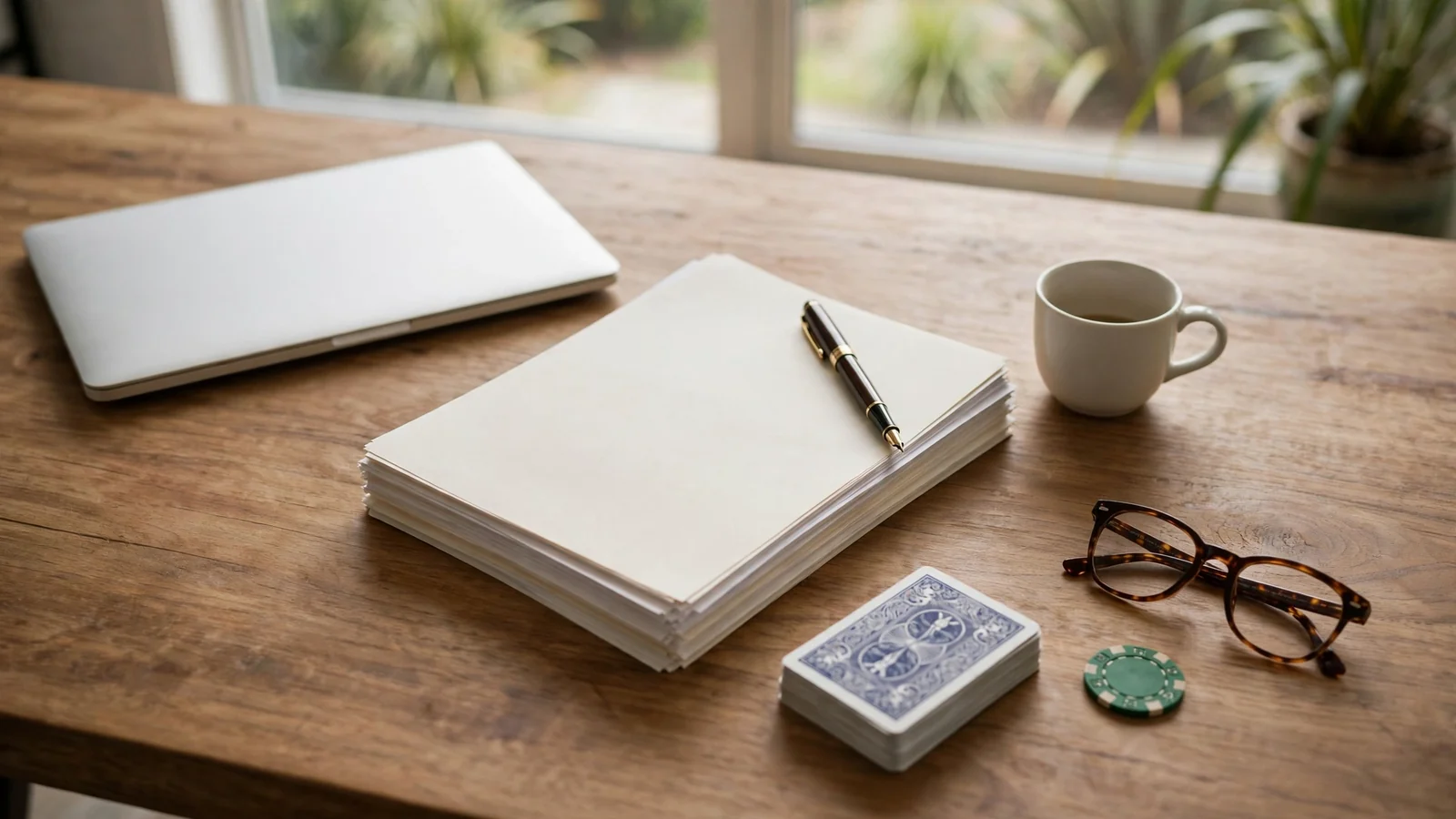 Editor desk with legal documents, a laptop, and casino chips in a New Zealand office.