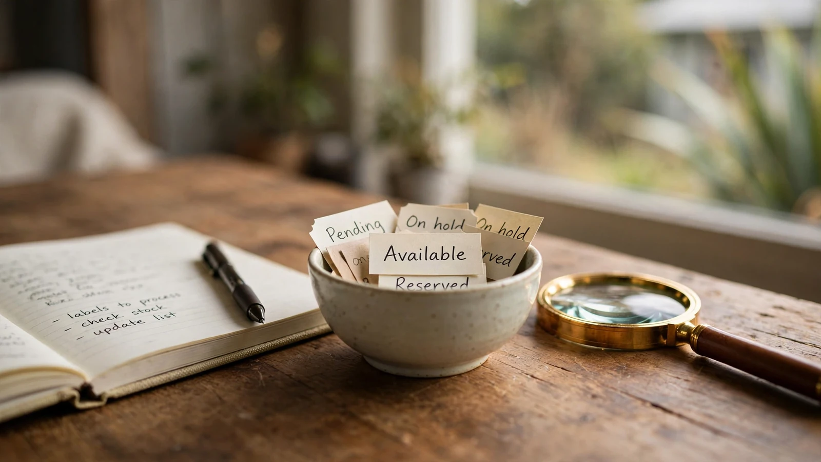 Wooden desk with labelled paper slips and a magnifying glass for careful reading