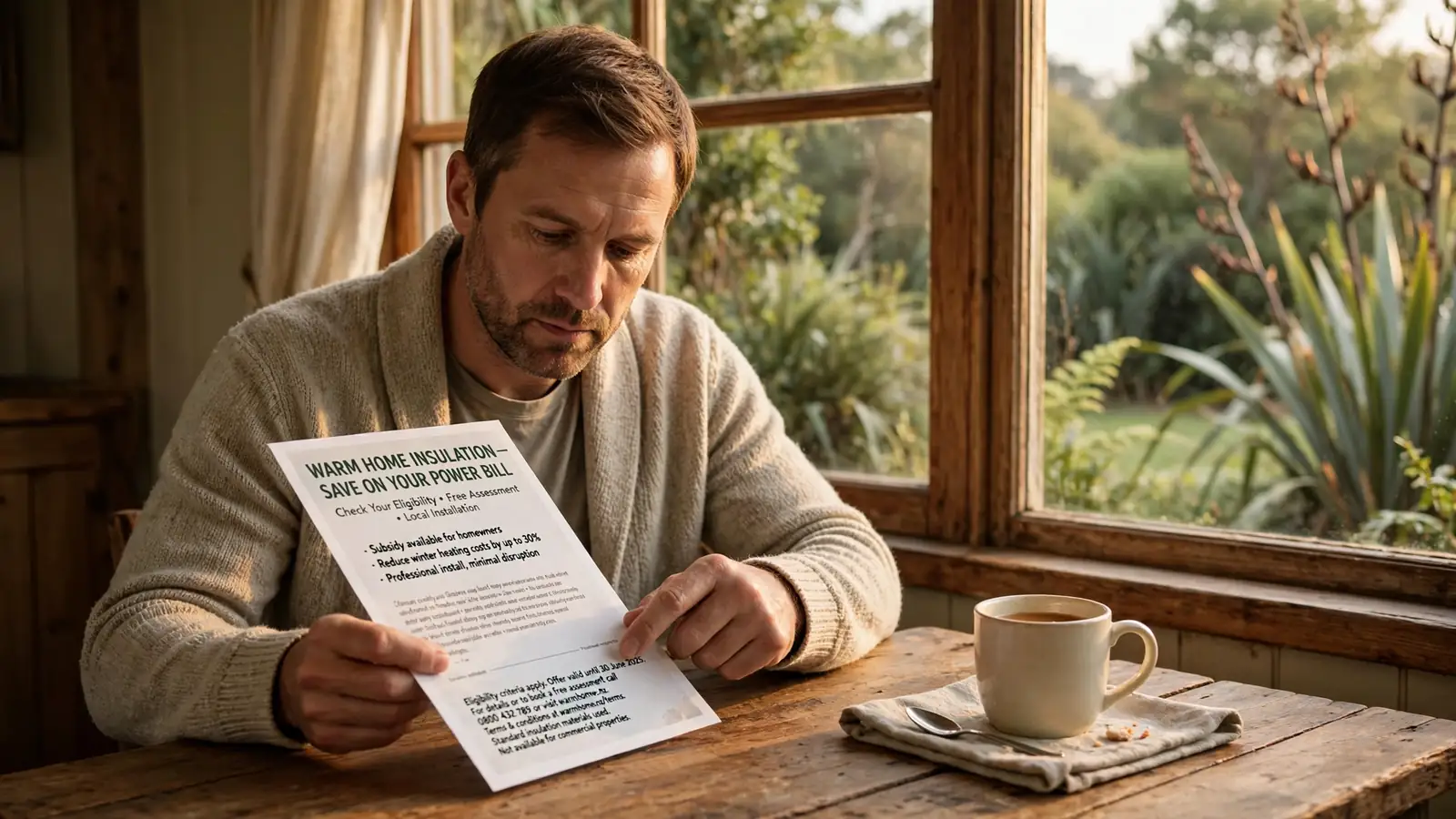 Person carefully reading a printed promotional leaflet at a sunlit table