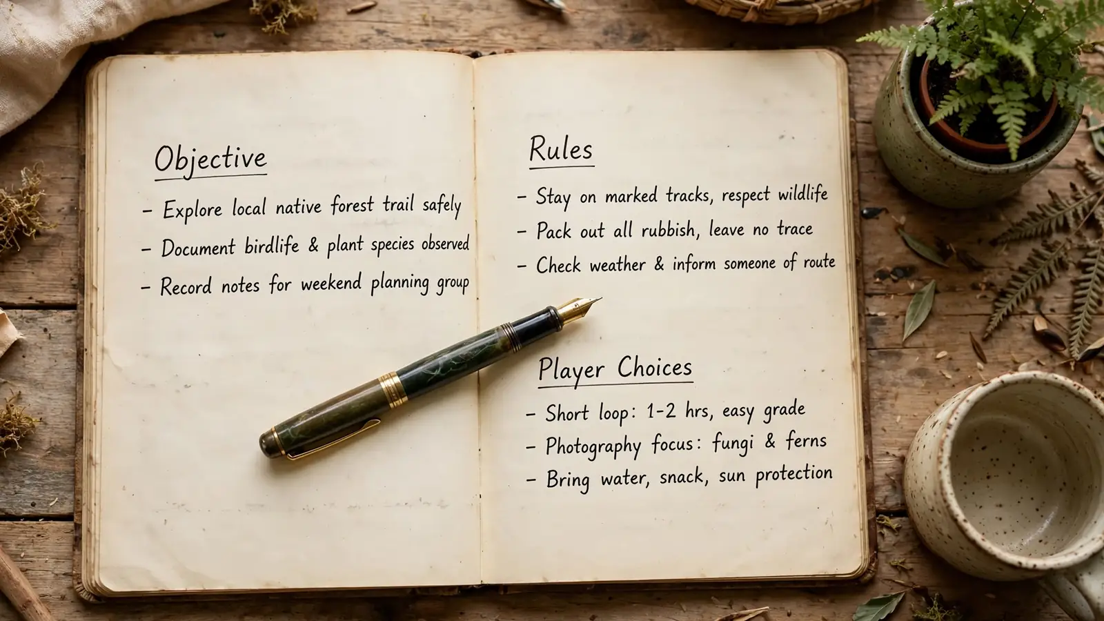 Open notebook with objective, rules and player choices headings on a wooden desk