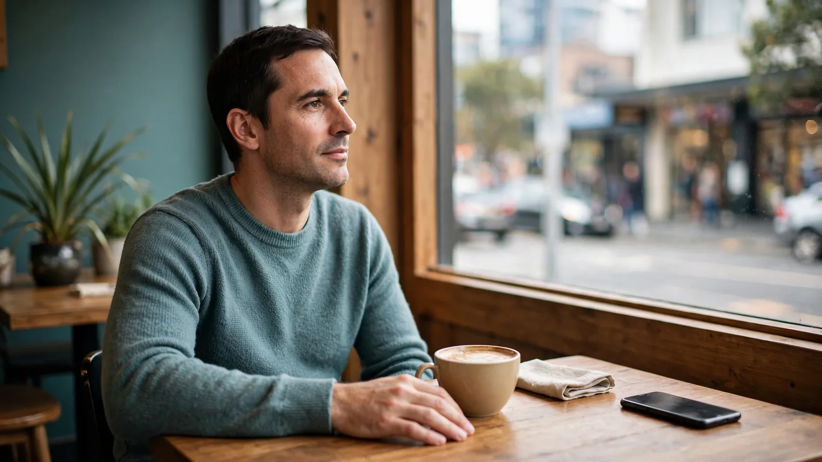 Adult in New Zealand café with phone face-down, reflecting on gambling habits.