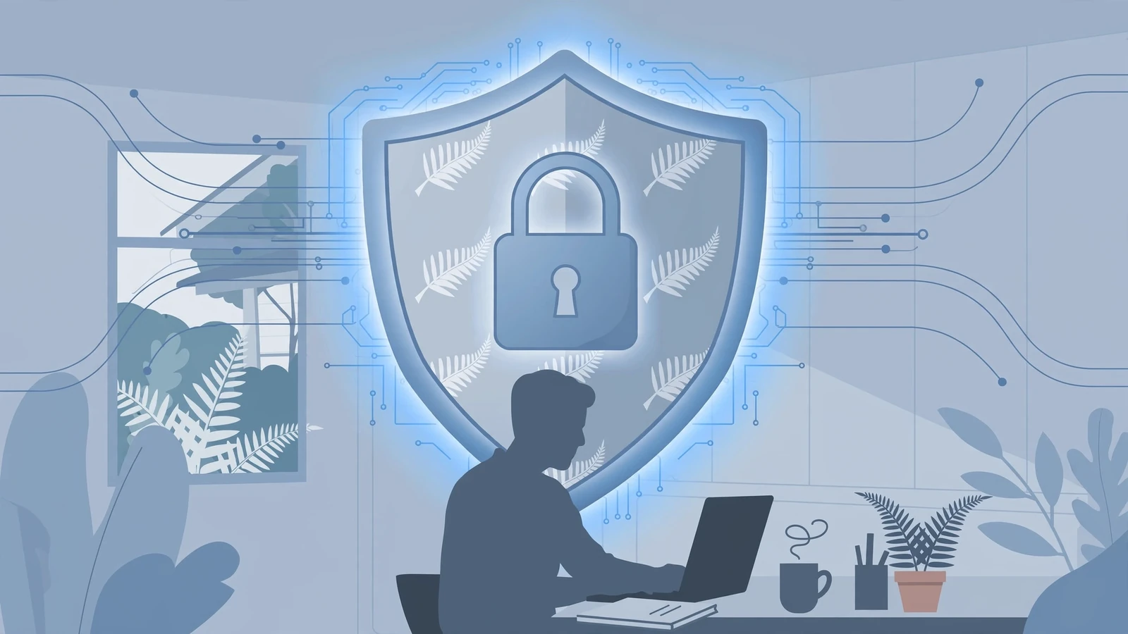 Illustration of a glowing padlock shield protecting a user at a laptop, symbolizing online privacy and data security.