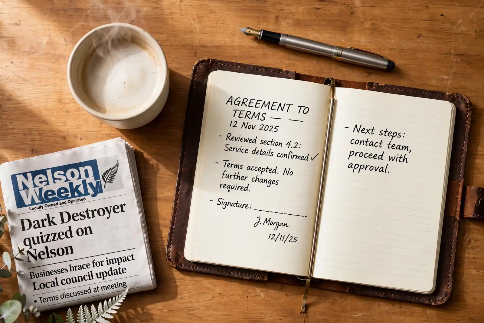 Notebook with fountain pen, flat white coffee, and silver fern on a wooden desk in New Zealand.